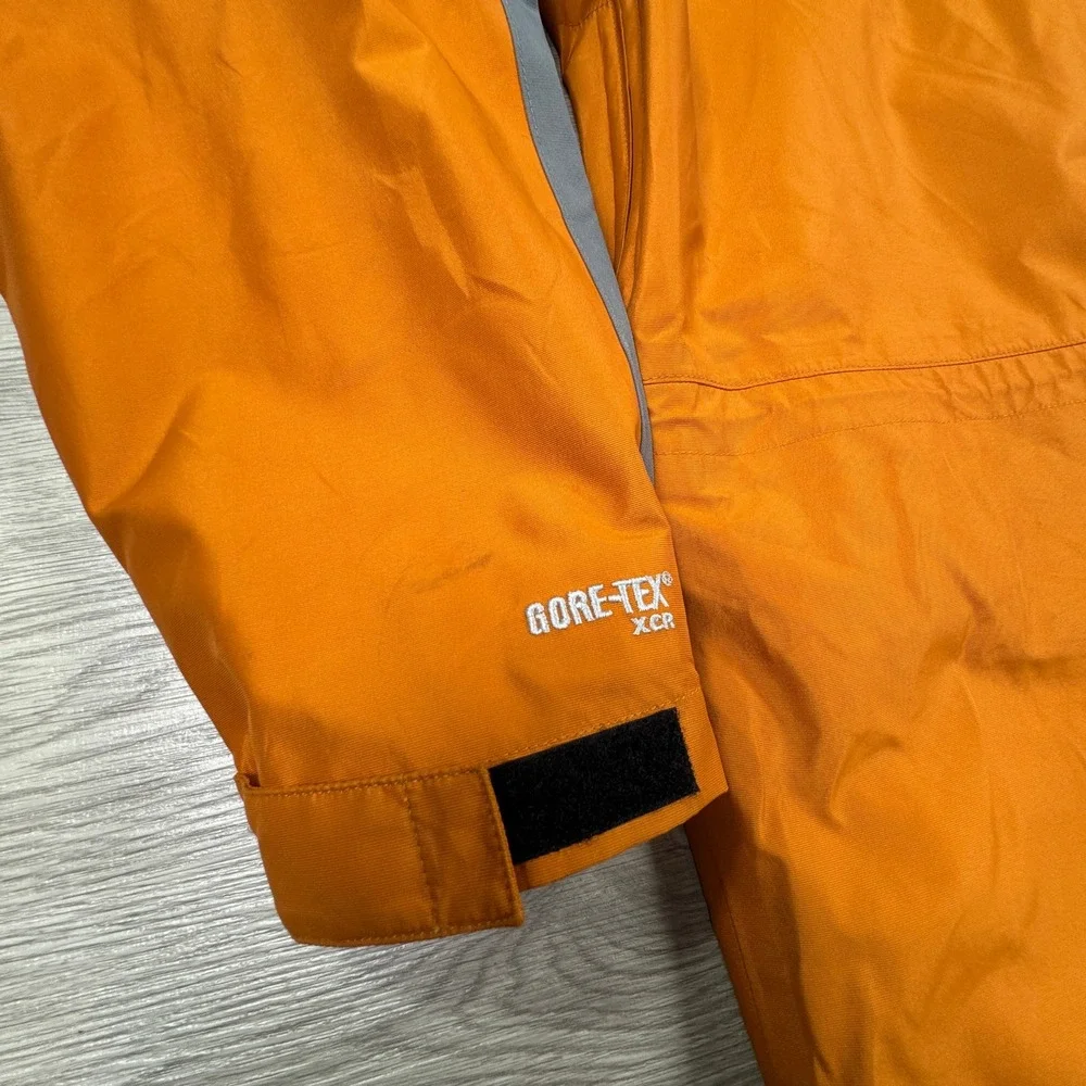 EMS Mens Jacket Gore-Tex Hooded Rain Shell Orange Gray Large Pit Zips Waterproof